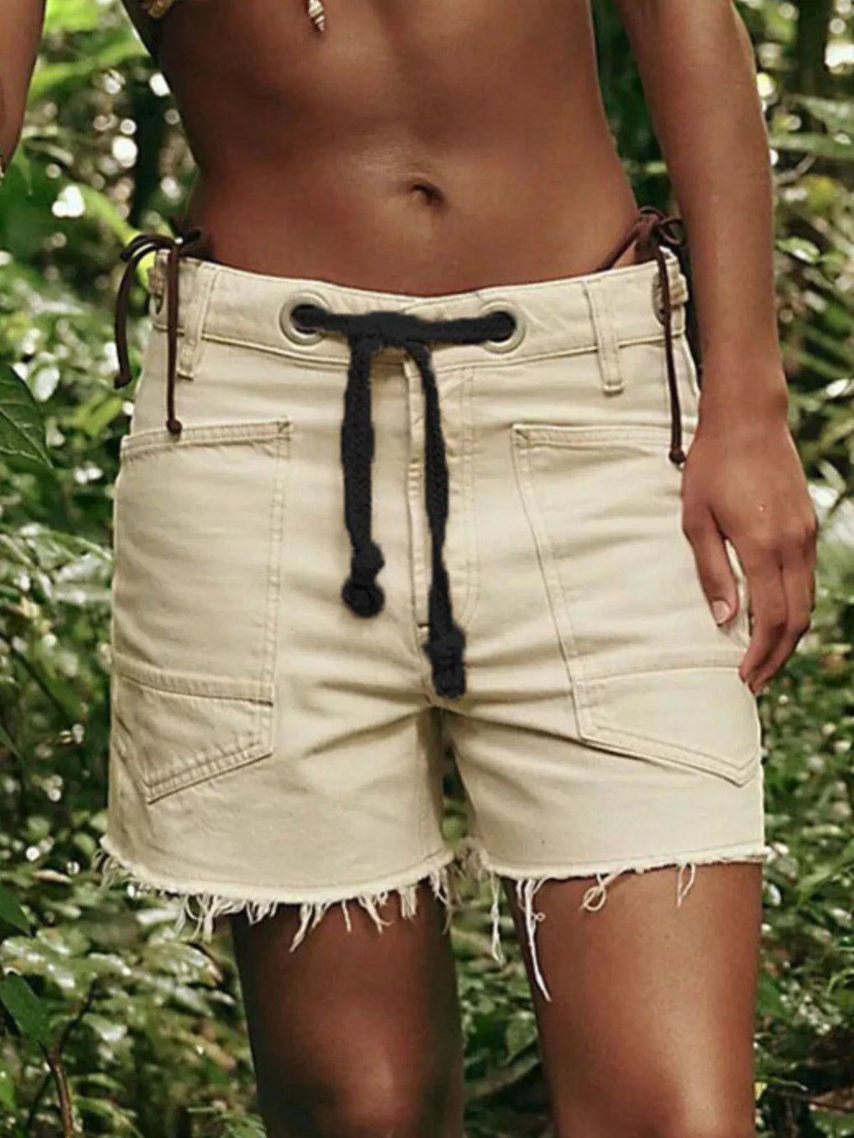 Drawstring Raw Hem Denim Shorts