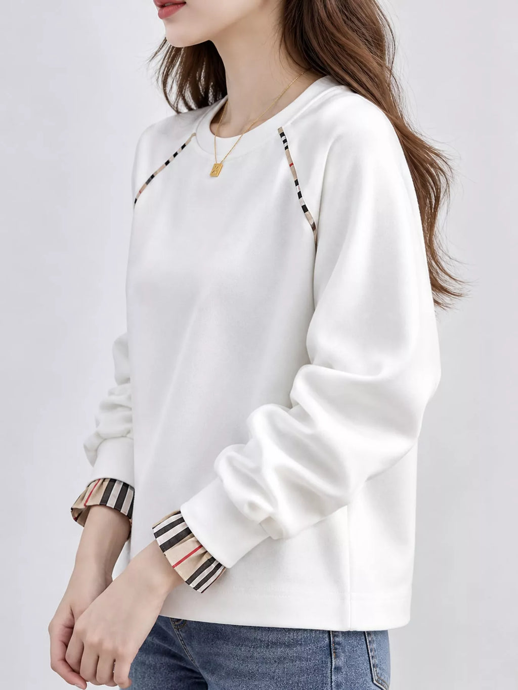 Plaid-Trimmed Crew Neck Sweatshirt