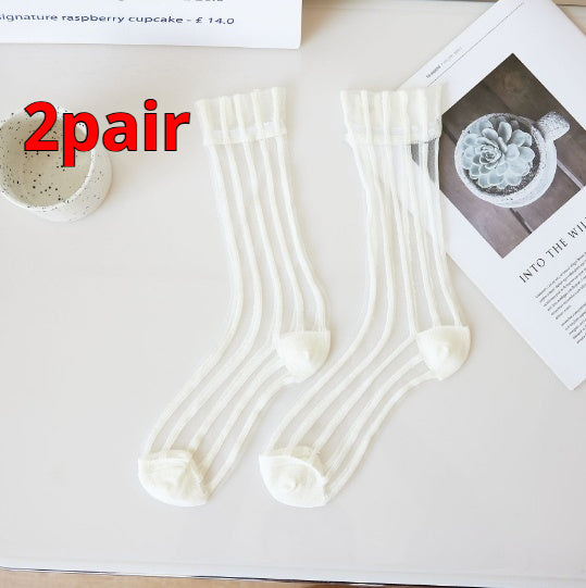 Thin Mid-calf Solid-color Lace-up Socks For Women