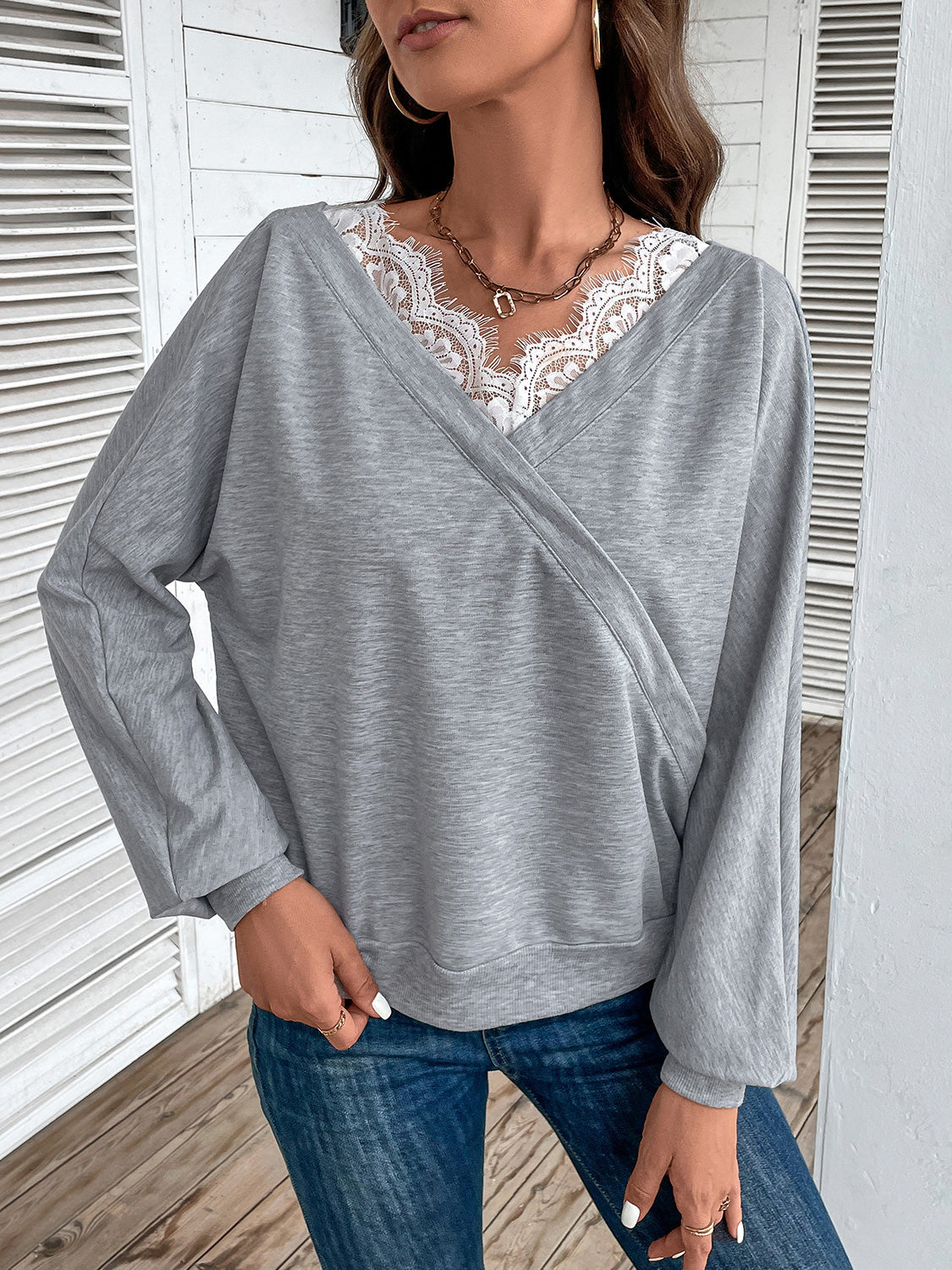 Wrap Style V-Neck Top with Lace Trim and Balloon Sleeves