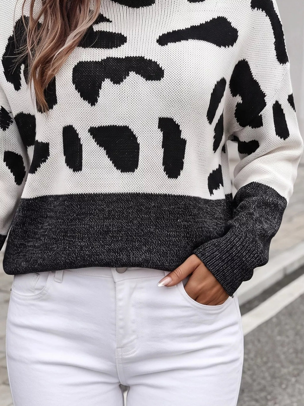 Full Size Off-Shoulder Colorblock Animal Print Sweater Plus Size