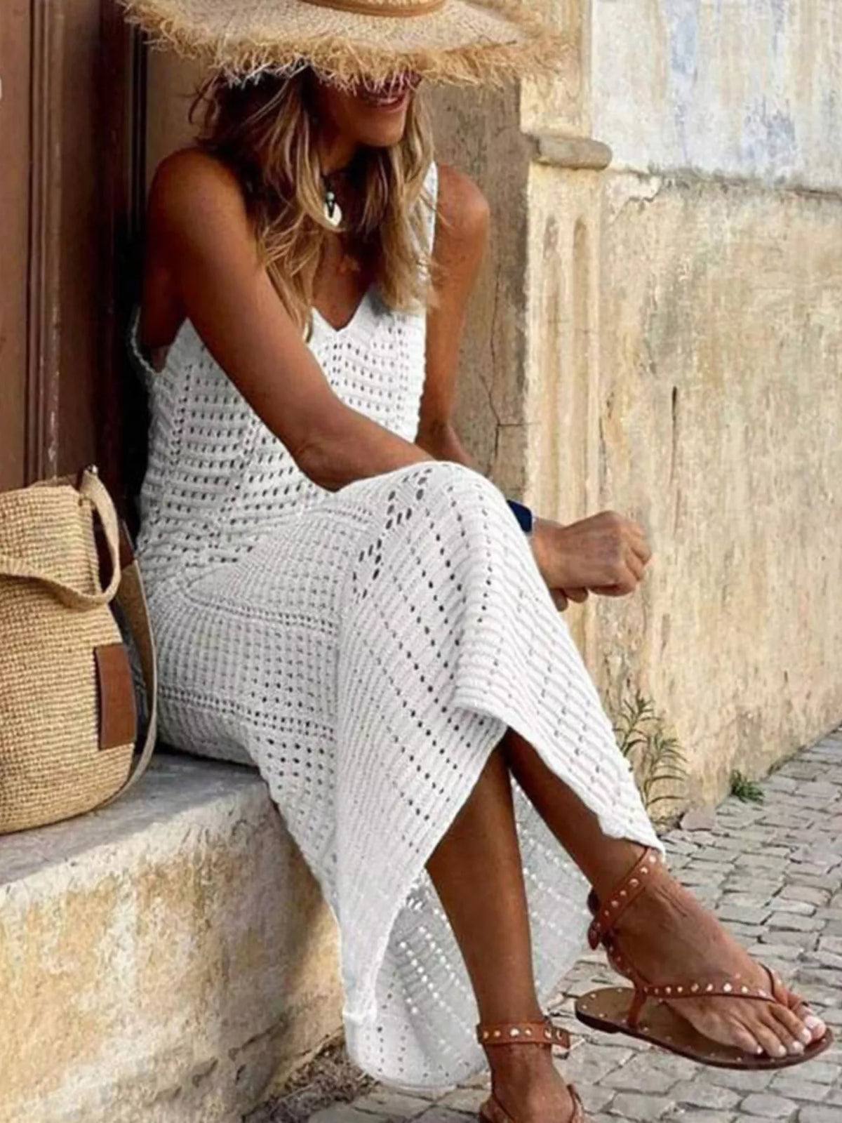 Sleeveless Crochet Knit Cover Up Maxi Dress