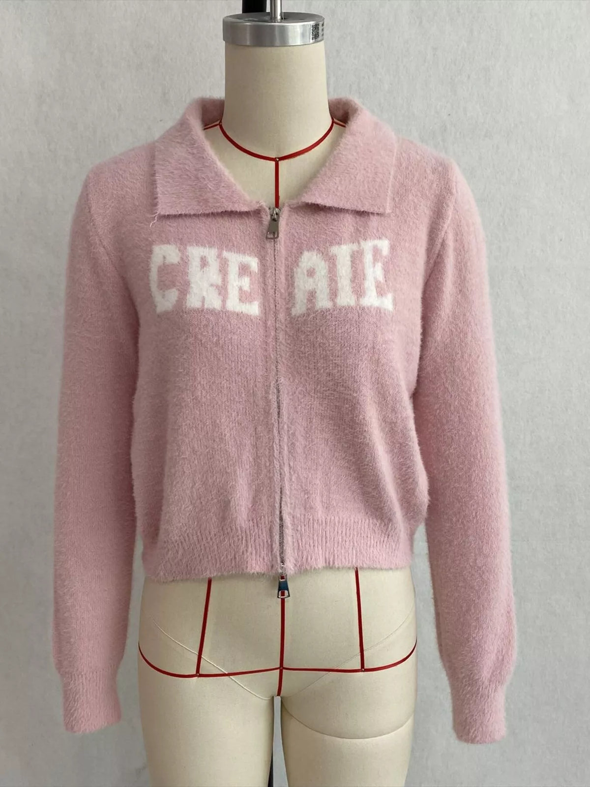 Fuzzy Letter Zip-Up Cardigan