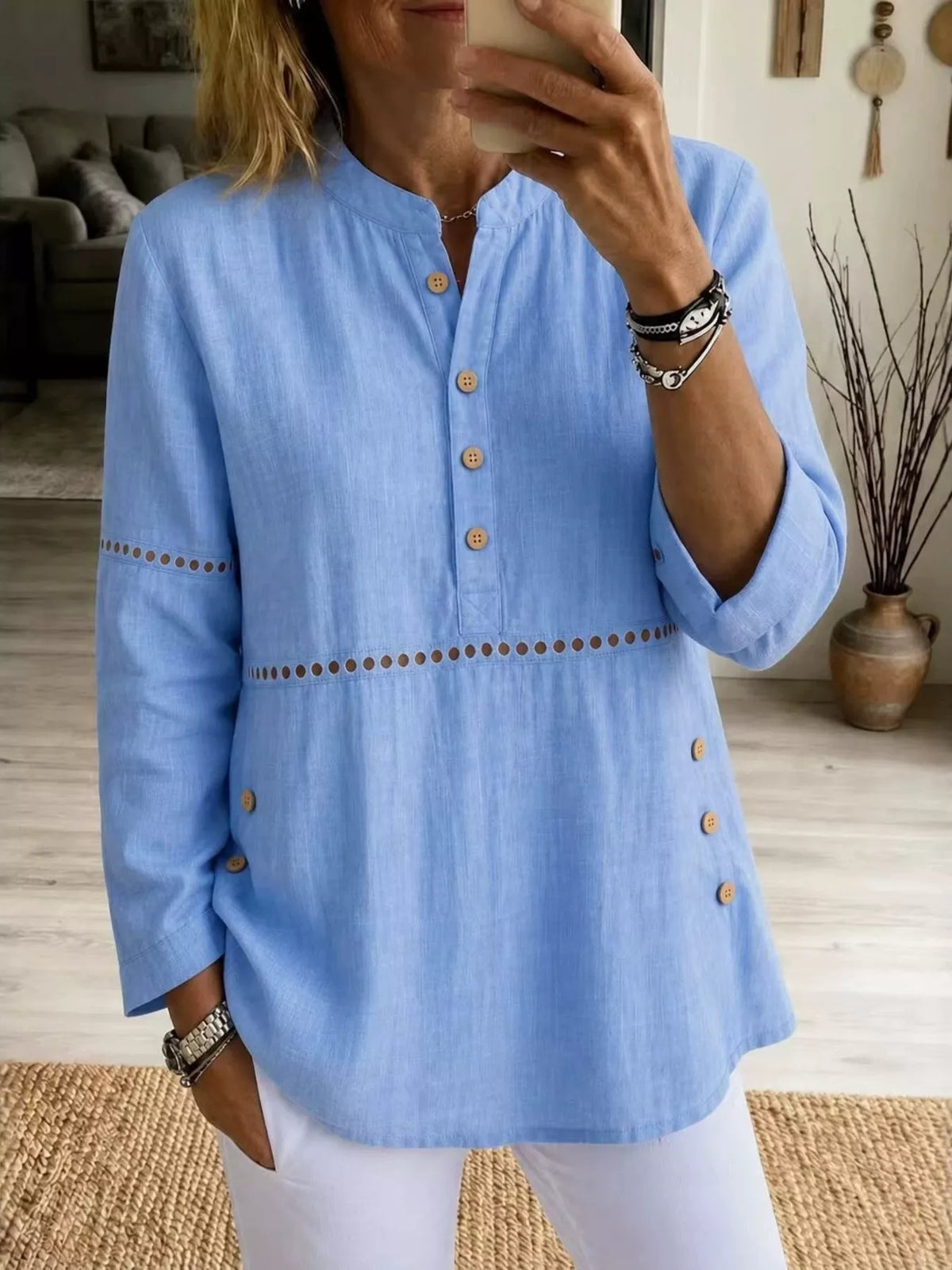 Full Size Button Detail Eyelet Long Sleeve Blouse Plus Size