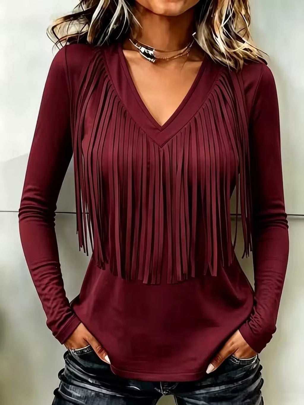 Fringe V-Neck Long Sleeve T-Shirt