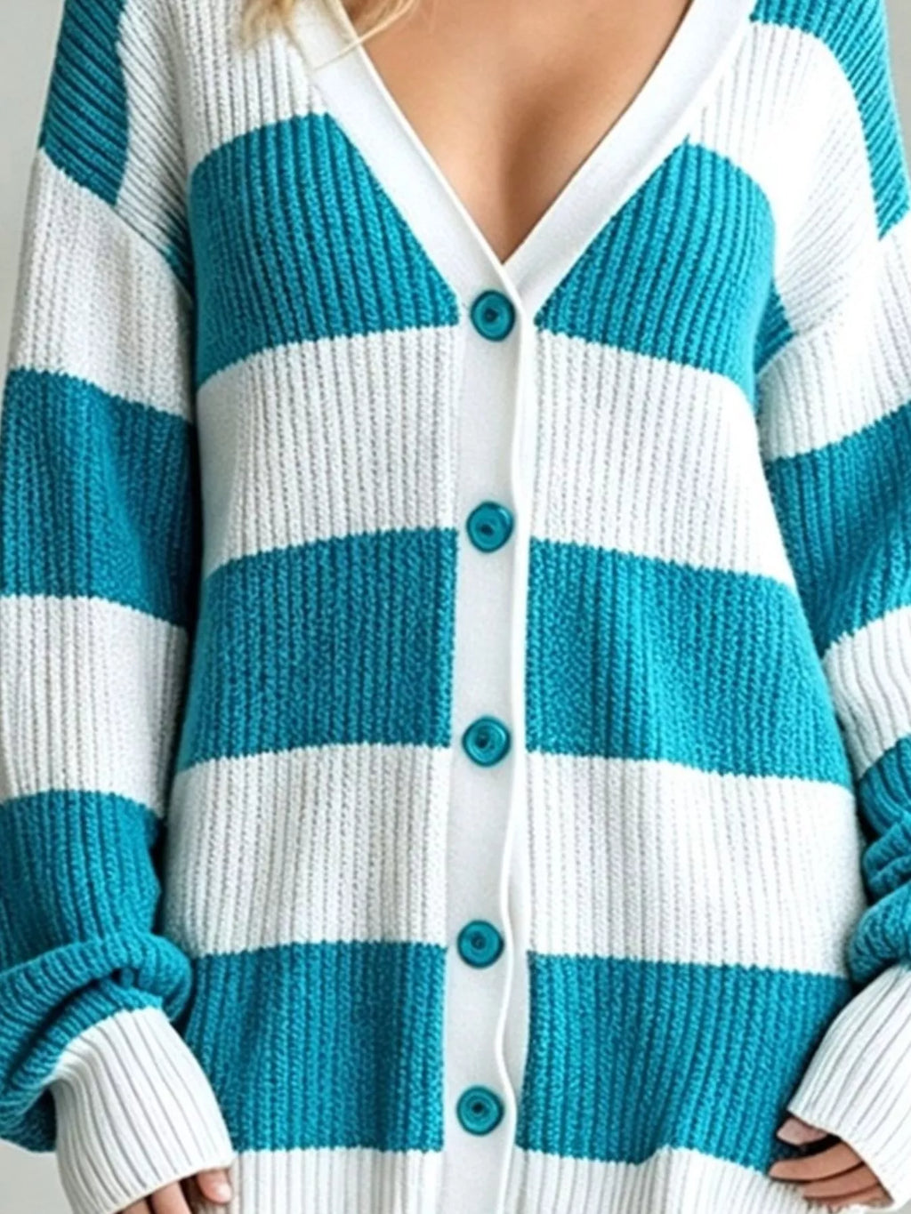 Striped V-Neck Button-Down Cardigan