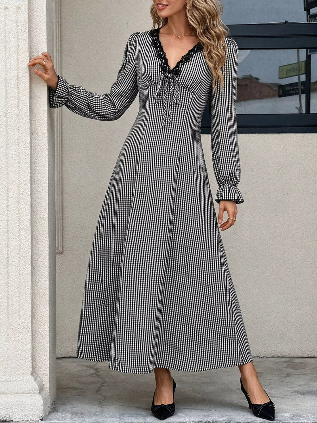 Gingham Lace-Trim V-Neck Long Sleeve A-Line Maxi Dress