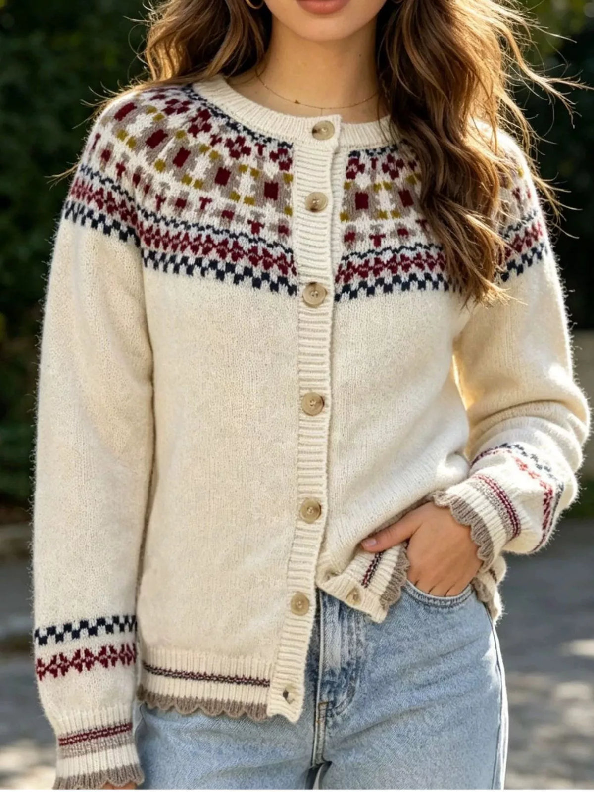 Fair Isle Patterned Button-Down Knit Cardigan