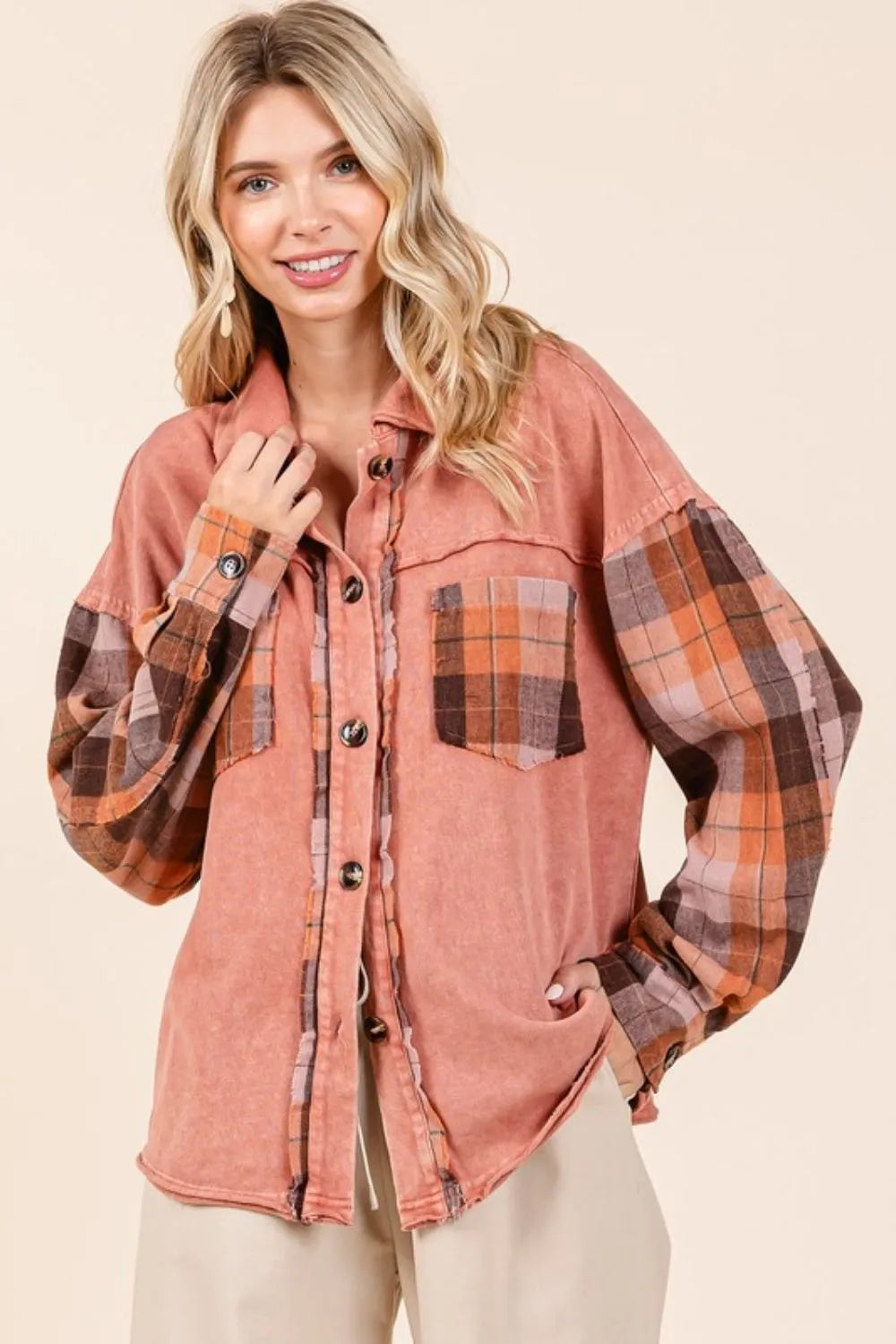 Button Down Plaid Patchwork Shacket – Unlined Cotton