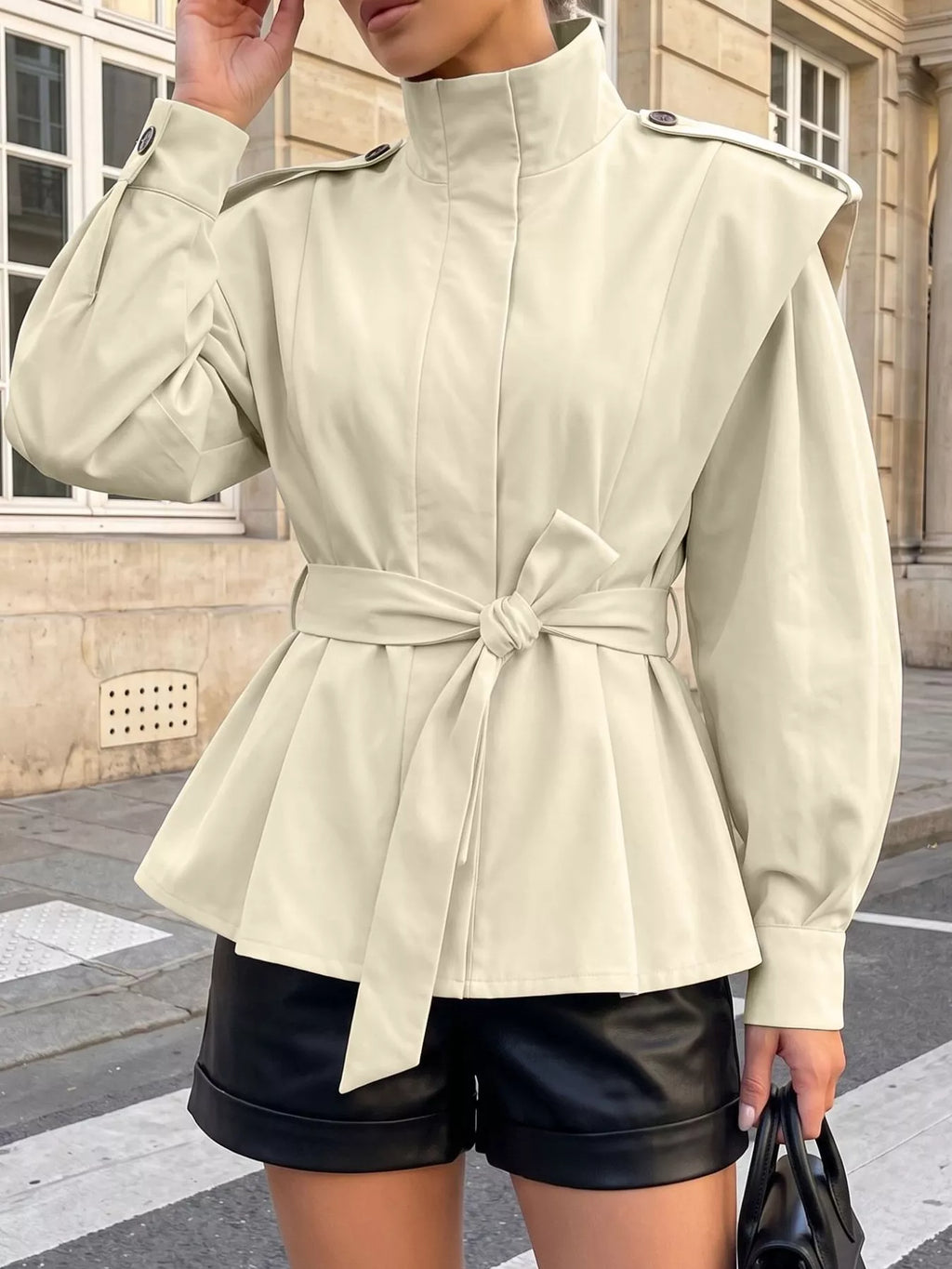 Stand-Collar Belted Outerwear