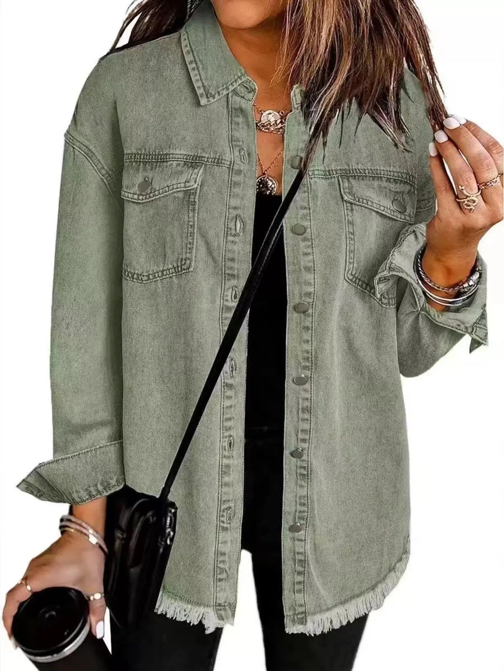 Frayed Hem Button Up Denim Jacket