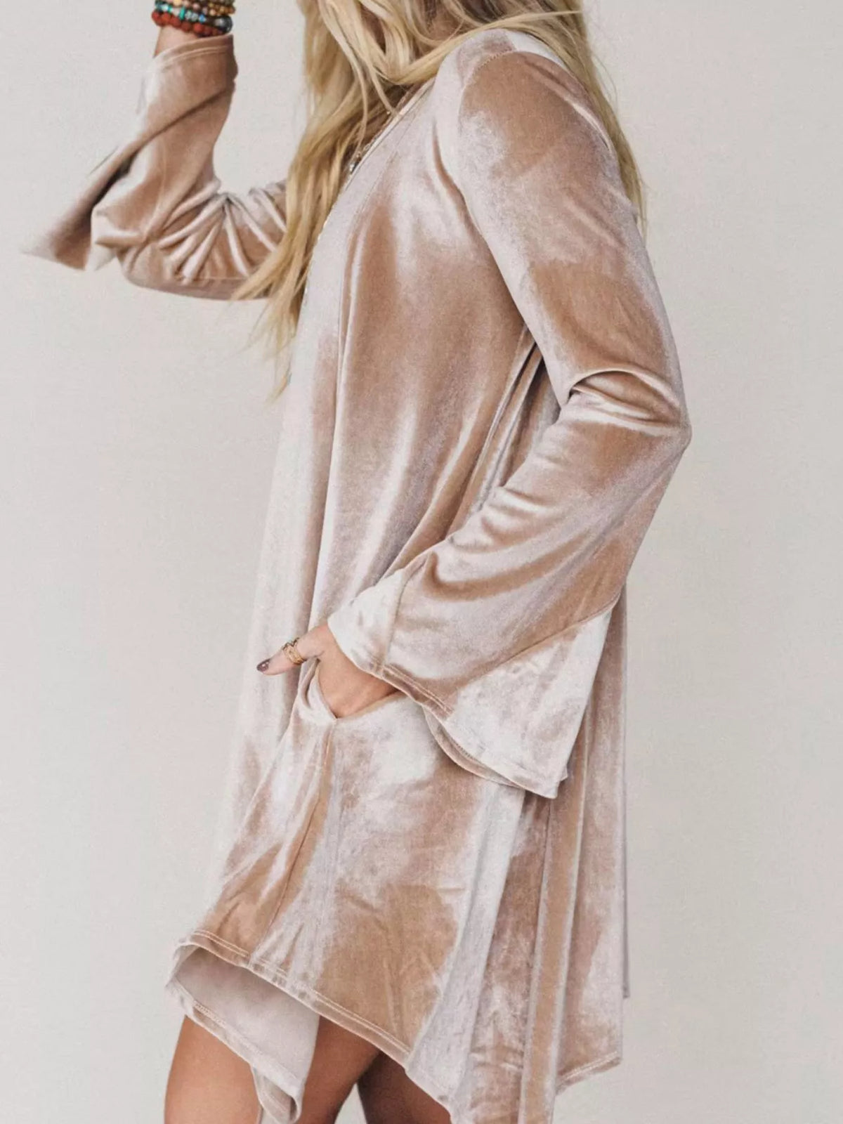 V-Neck Velvet Swing Asymmetrical Dress with Pockets