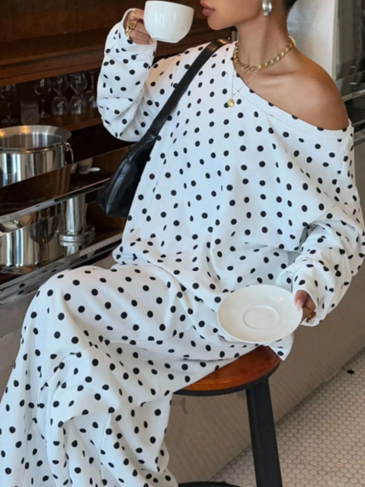 Polka Dot Long Sleeve Top and Pants Set
