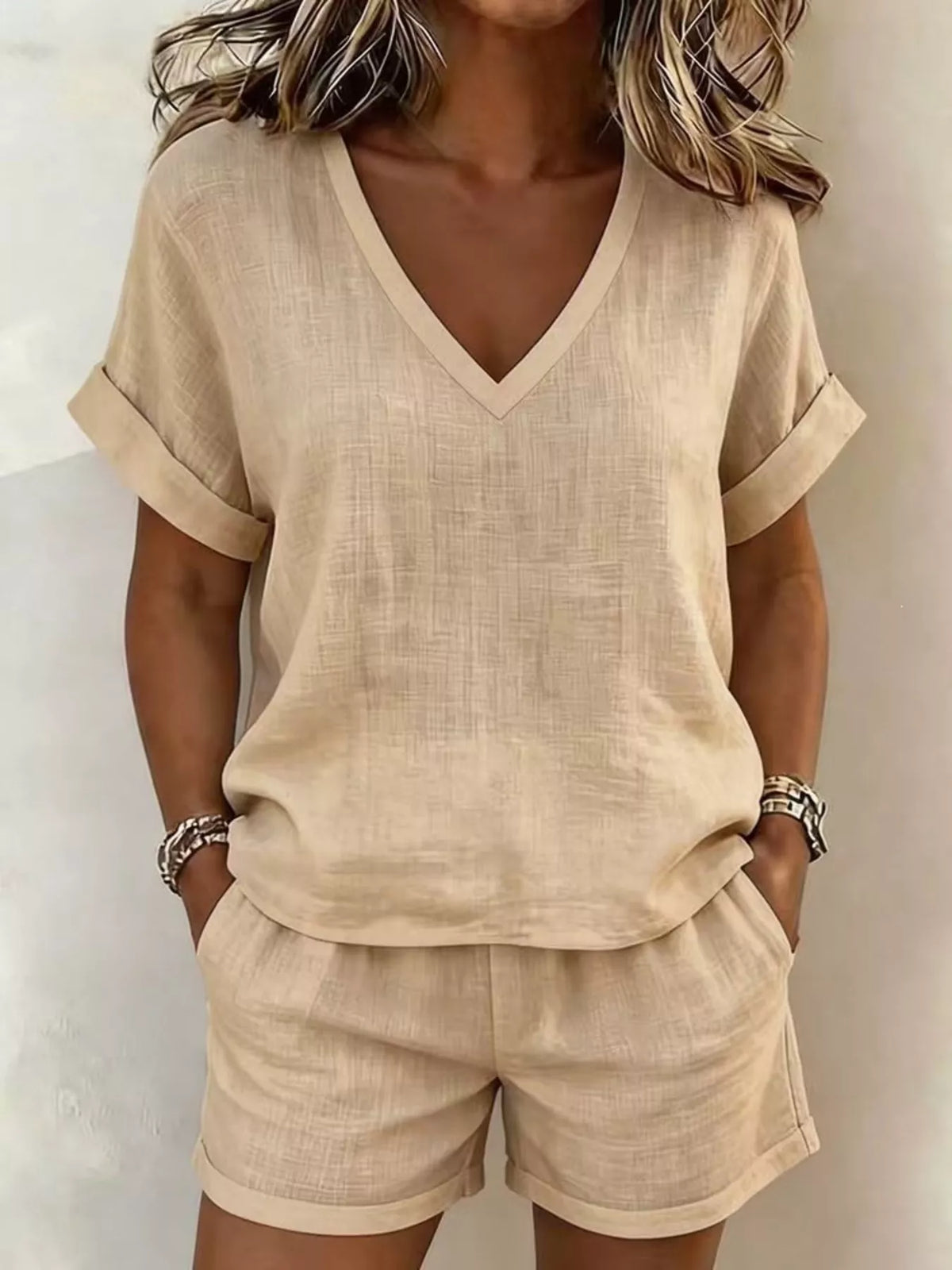 V-Neck Linen Blend Short Sleeve Top and Shorts Set