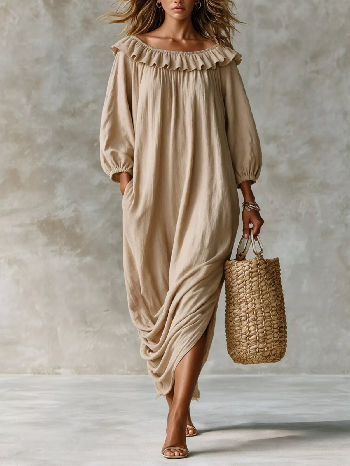 Ruffled Boat Neck Ruched Midi Dress