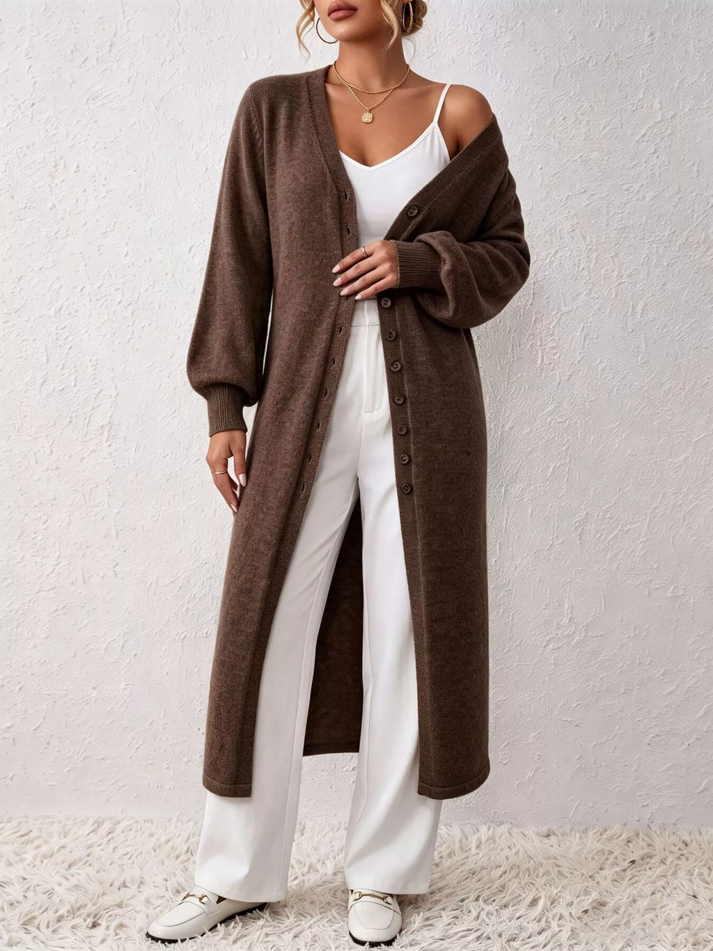 Elegant Longline Button-Front Cardigan with Lantern Sleeves