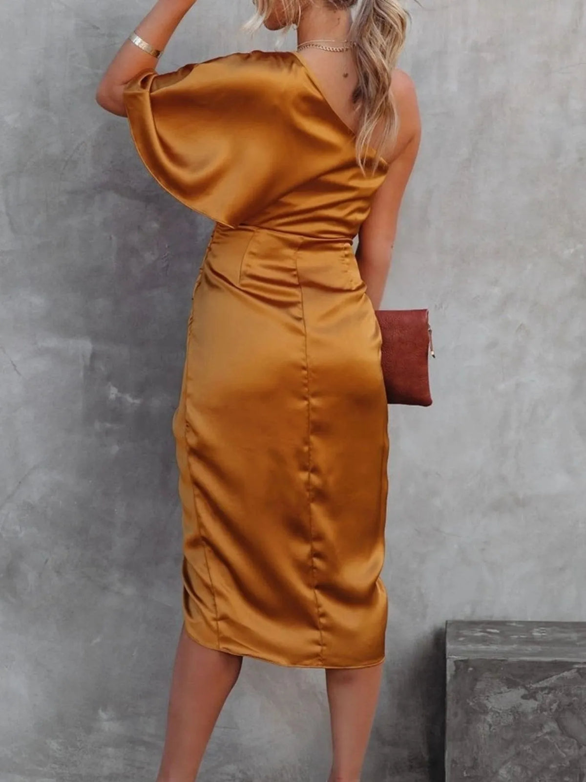 One-Shoulder Satin Wrap Dress with Side Slit