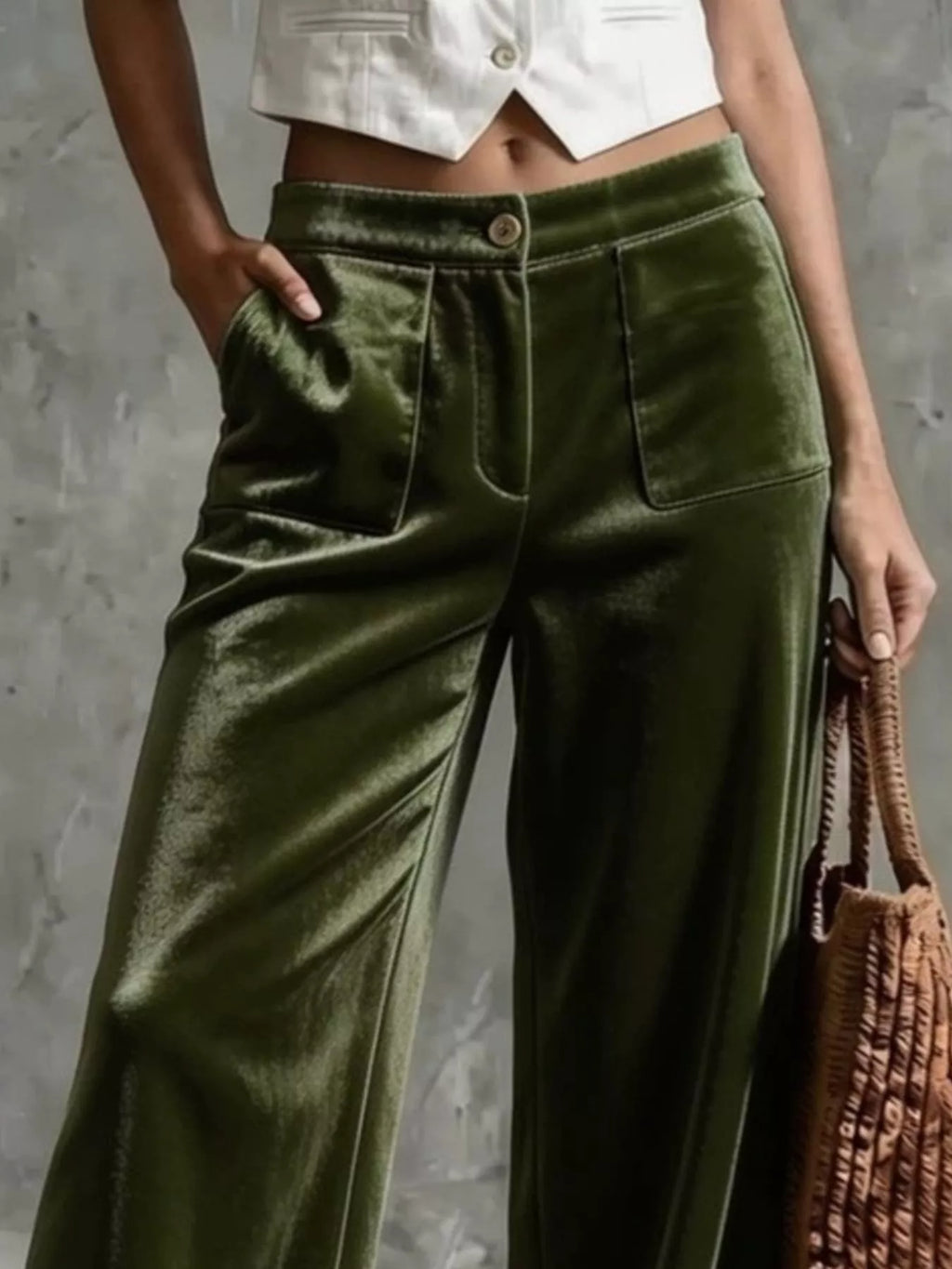 Full Size High-Waisted Wide-Leg Velvet Pants with Front Pockets Plus Size