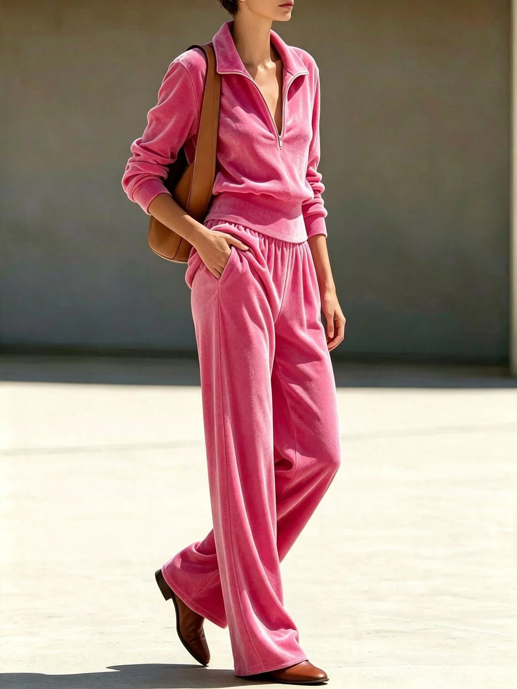 Full Size Half Zip Sweatshirt and Wide-Leg Pants Set Plus Size