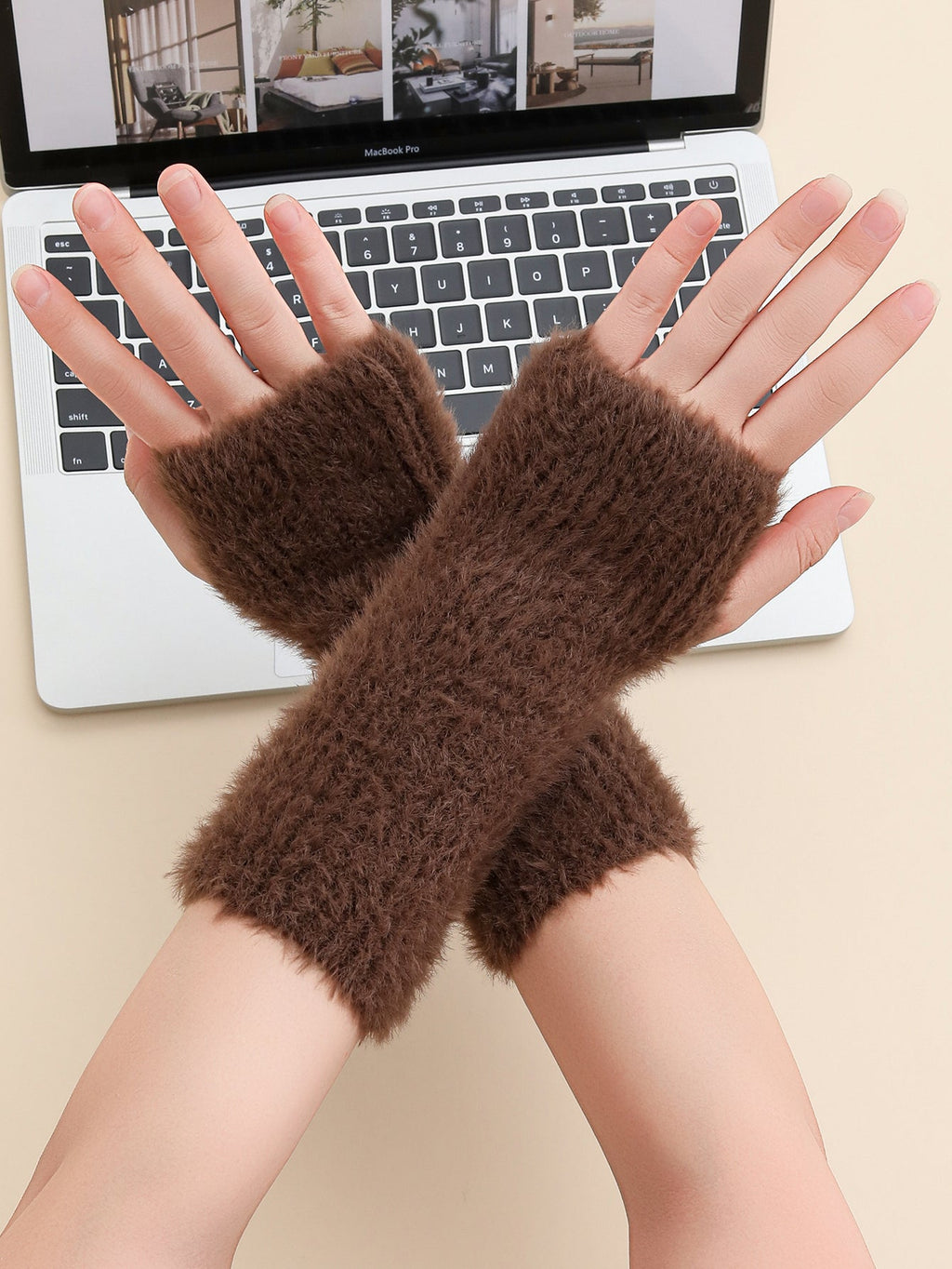 3 Needle Faux Fur Yarn Autumn Winter Fuzzy Knit Short Warm Gloves Arm Warmer For Girls Women Daily Party Work