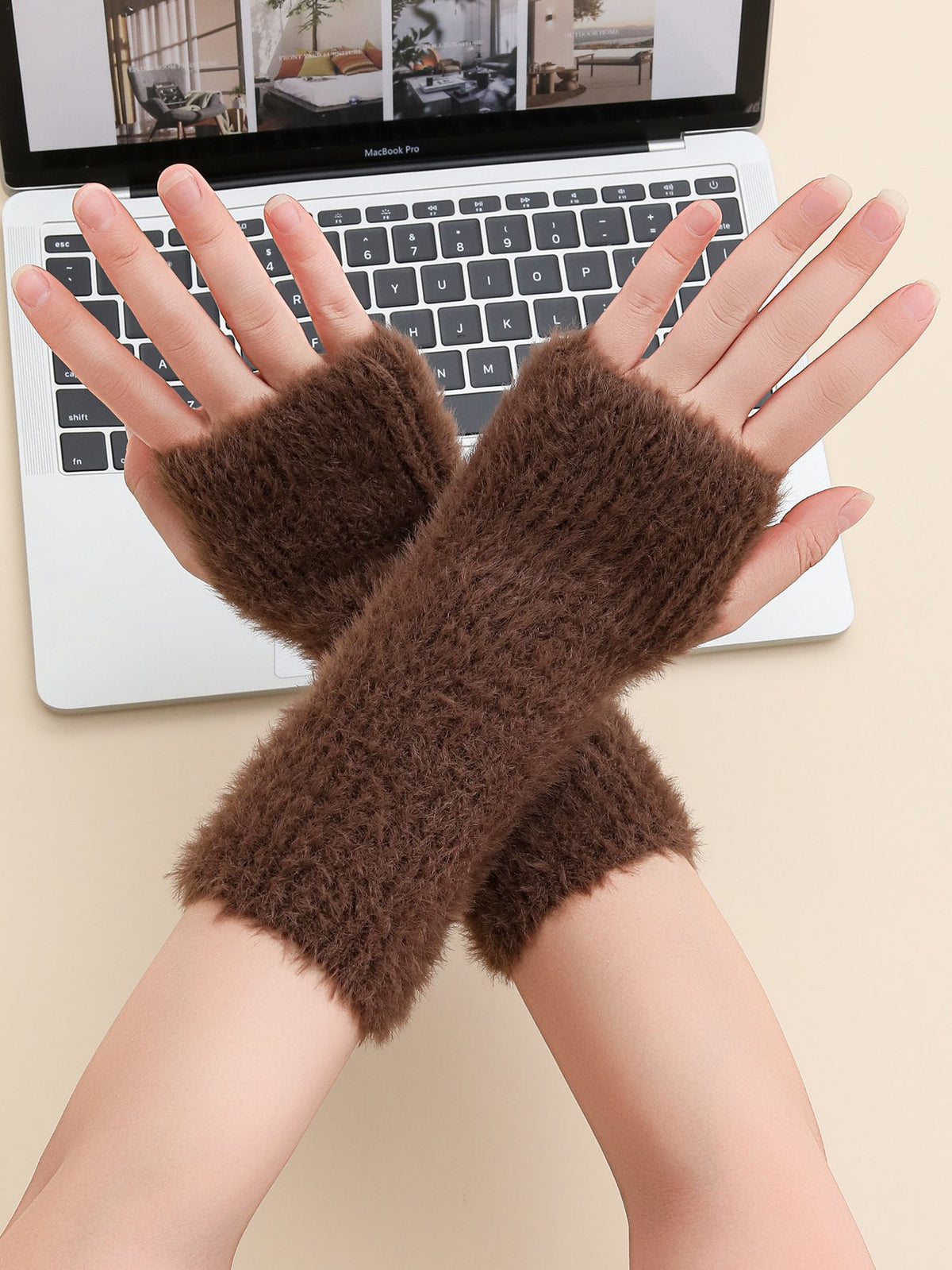 3 Needle Faux Fur Yarn Autumn Winter Fuzzy Knit Short Warm Gloves Arm Warmer For Girls Women Daily Party Work