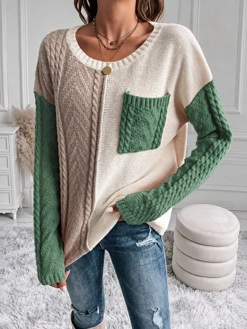 Color Block Cable Knit Sweater