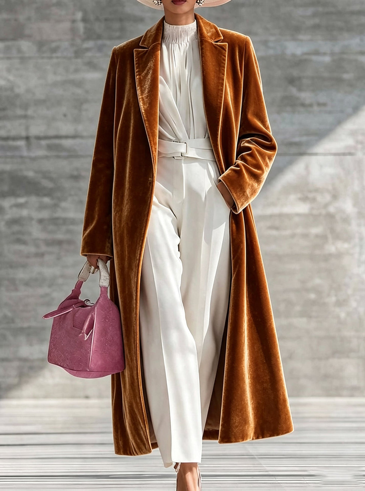 Womens V-neck Over-the-knee Velvet Coat