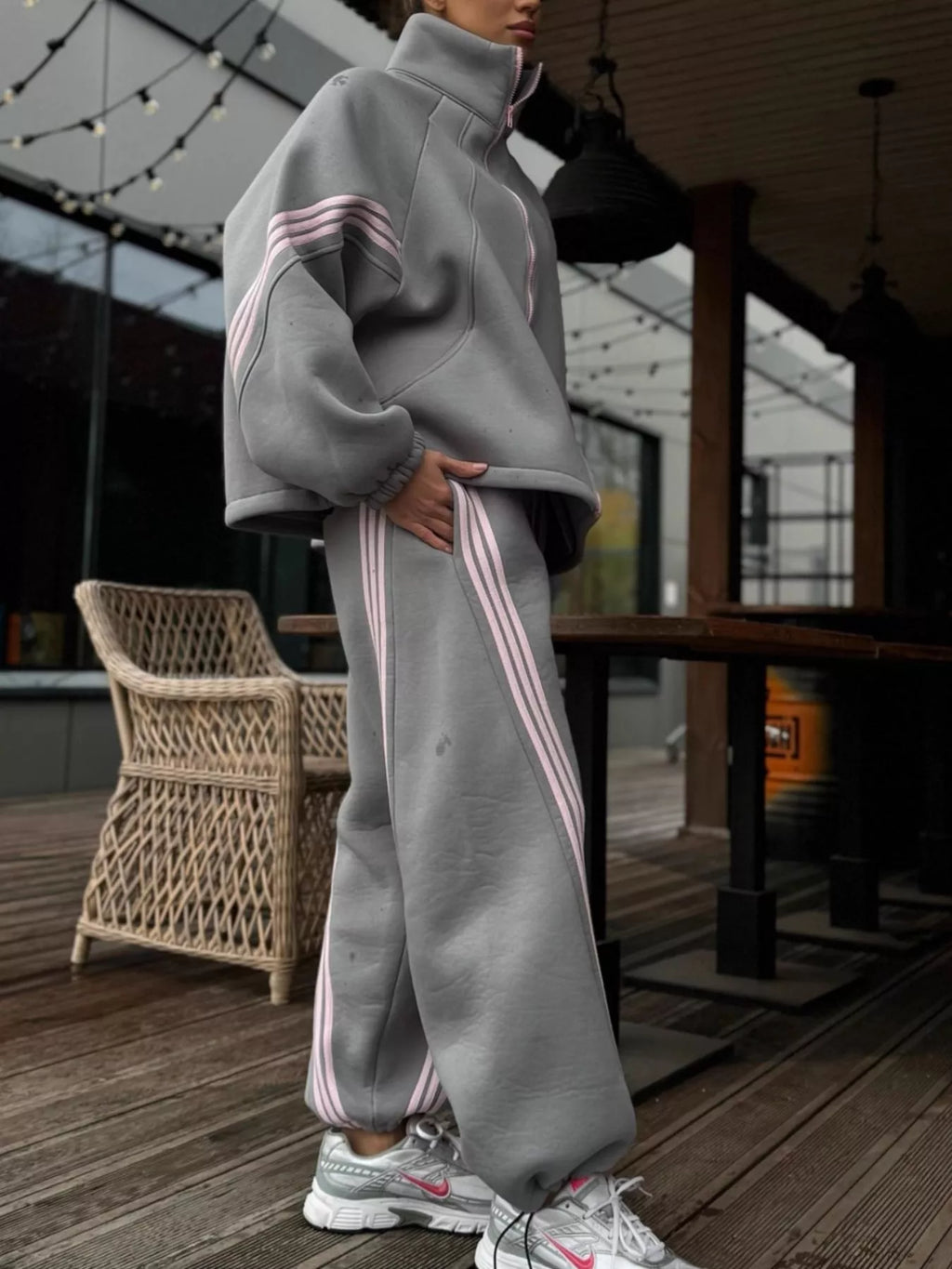 Contrast Striped Zip Up Top and Pants Set