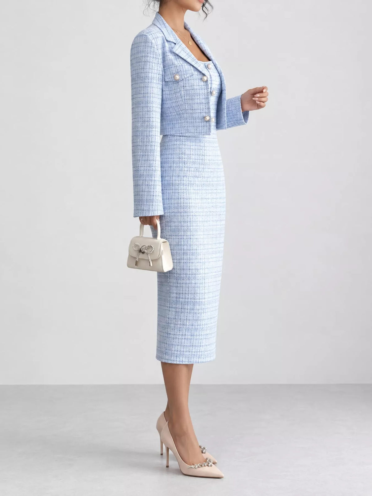 Tweed Square Neck Dress and Cardigan Set