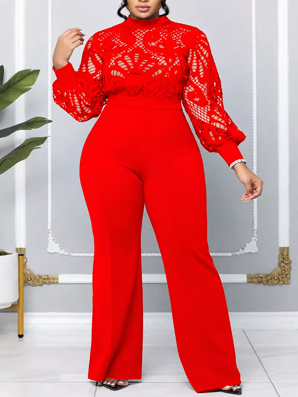 Full Size Lace Lantern Sleeve Flare Jumpsuit Plus Size