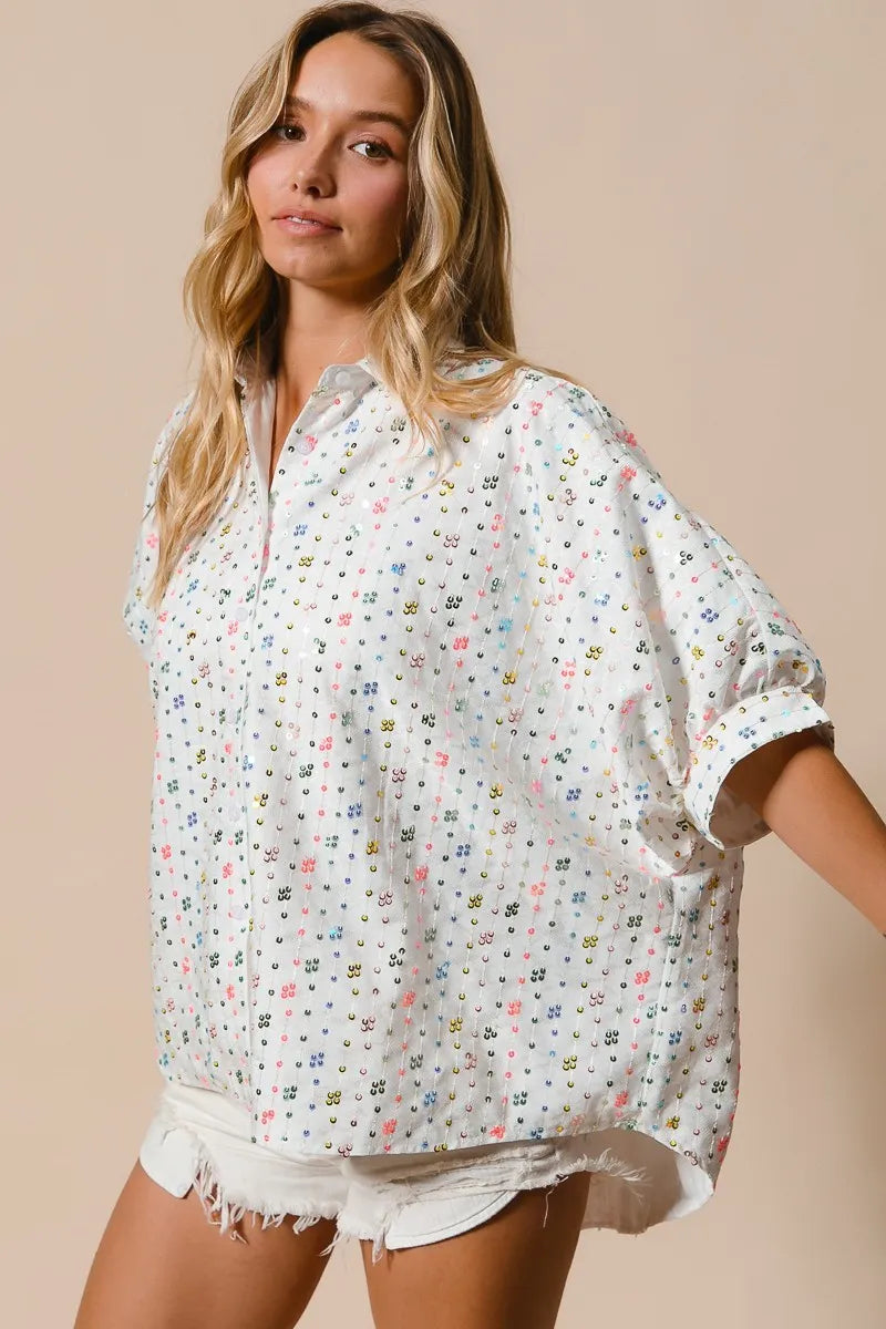 BiBi Sequin Striped Short Dolman Sleeve Blouse
