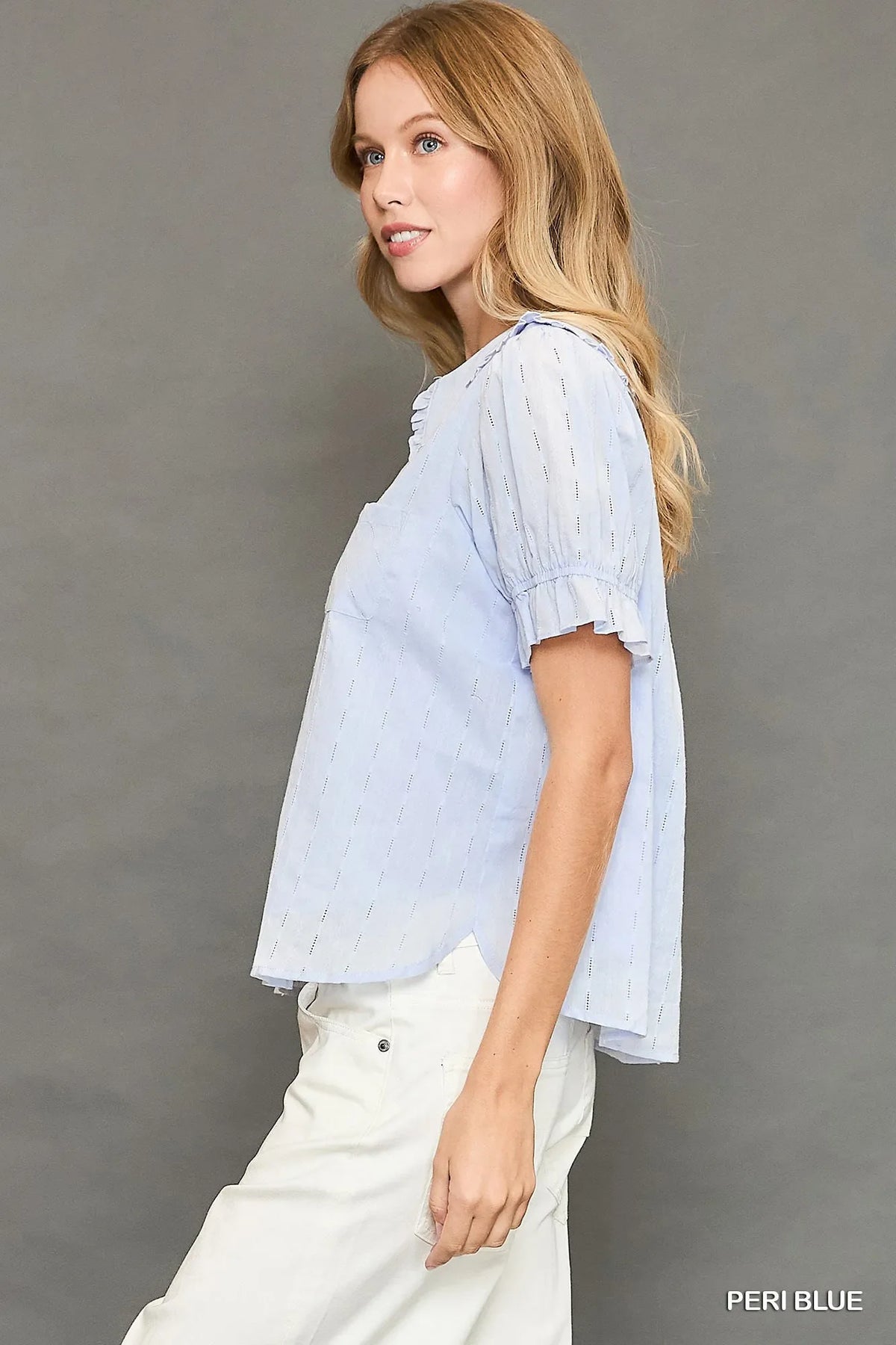 Umgee Peter Pan Collared Button Down Textured Shirt with Ruffled Detail