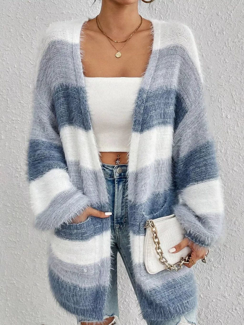 Striped Open Front Oversized Cardigan