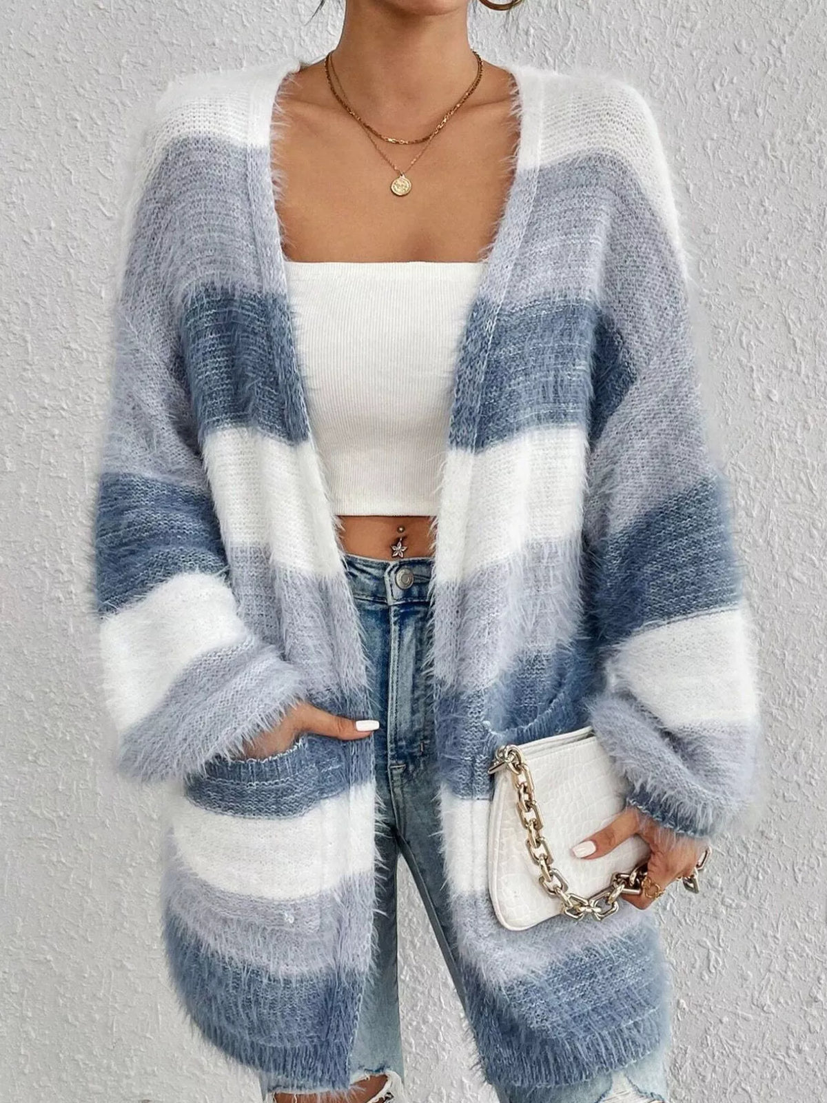 Striped Open Front Oversized Cardigan