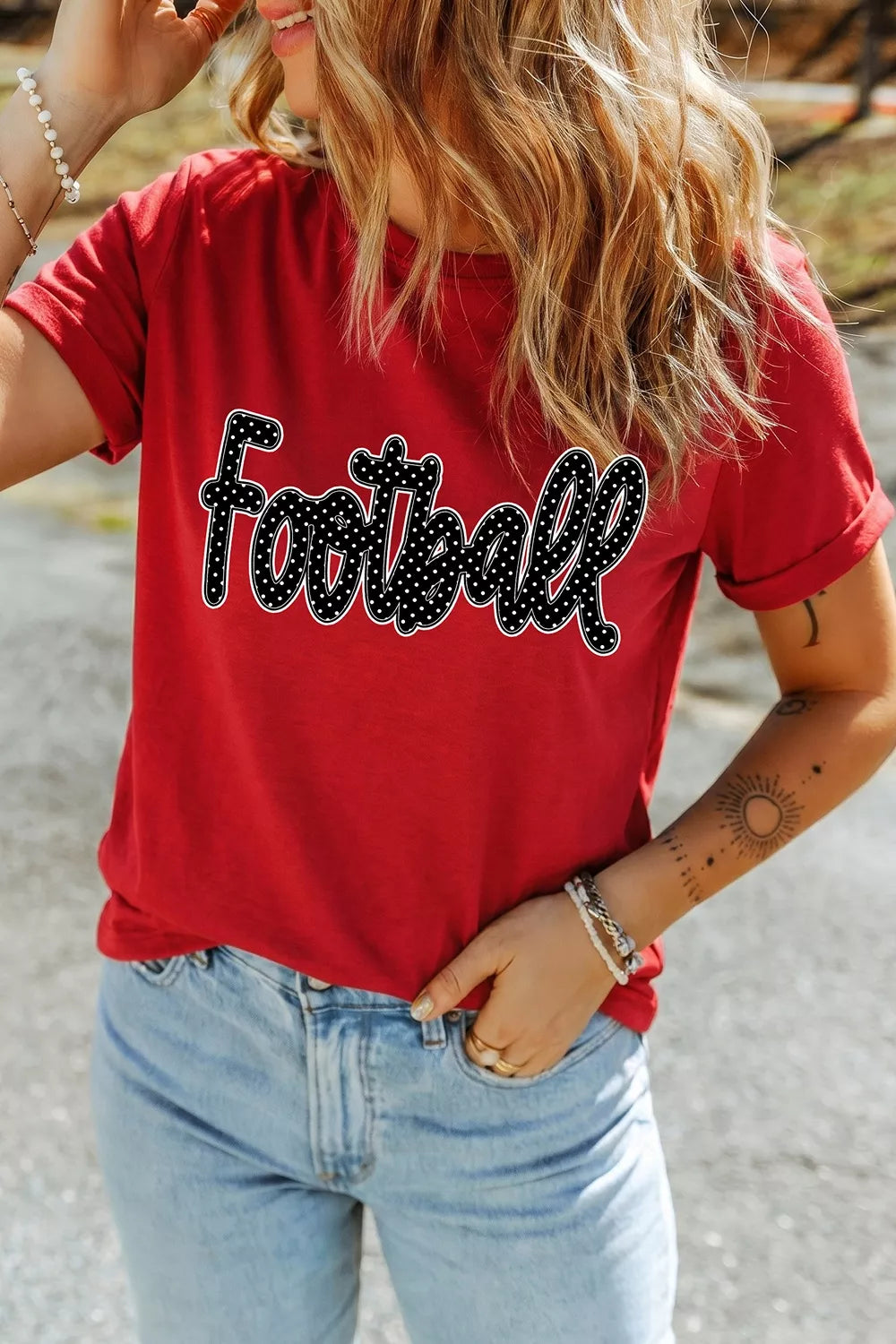 Full Size Football Polka Dot Letter Graphic Game Day T Shirt Plus Size