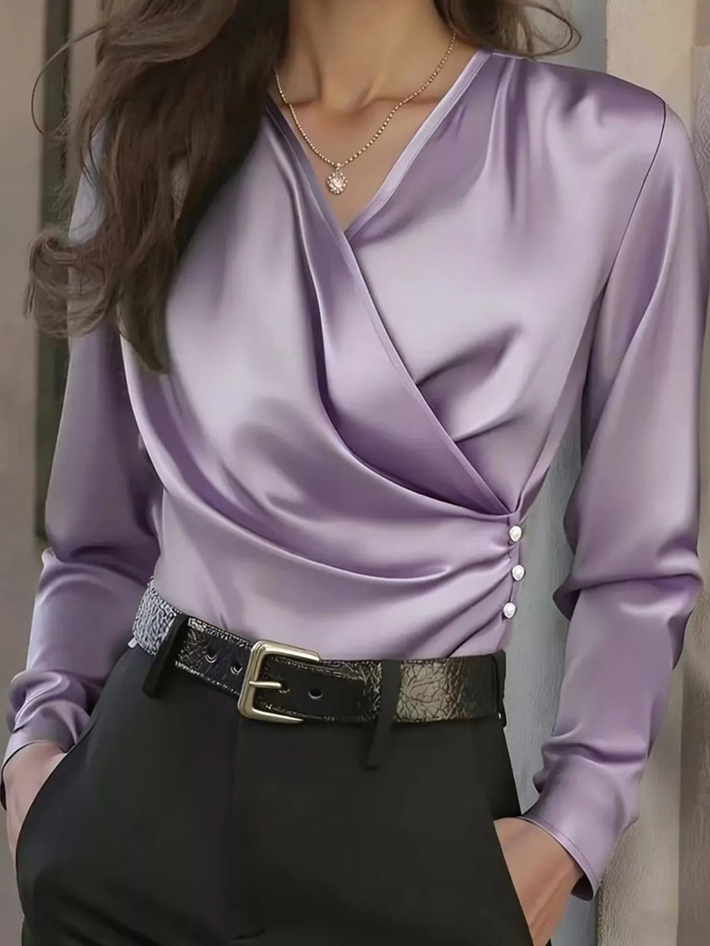 Satin Surplice Long Sleeve Blouse