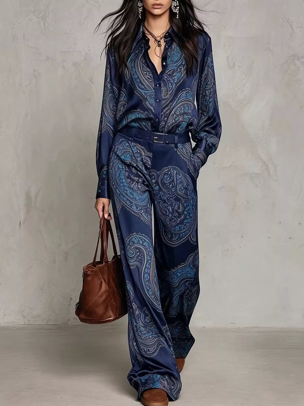 Paisley Print Long Sleeve Shirt and Wide-Leg Pants Set