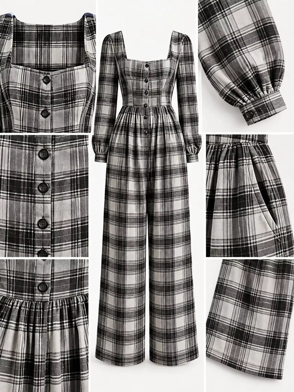 Plaid Square Neck Long Sleeve Wide-Leg Jumpsuit