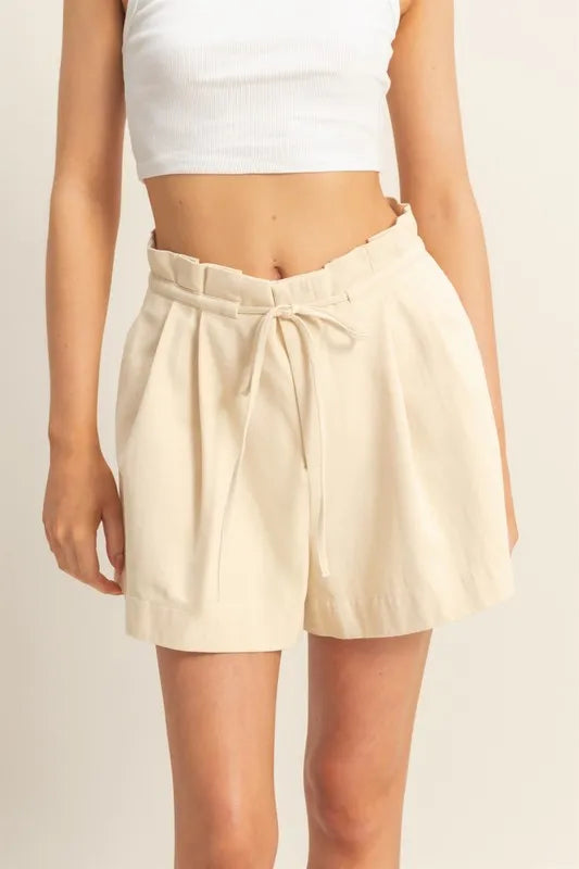 High-Waisted Washed Twill Paperbag Shorts with Drawstring