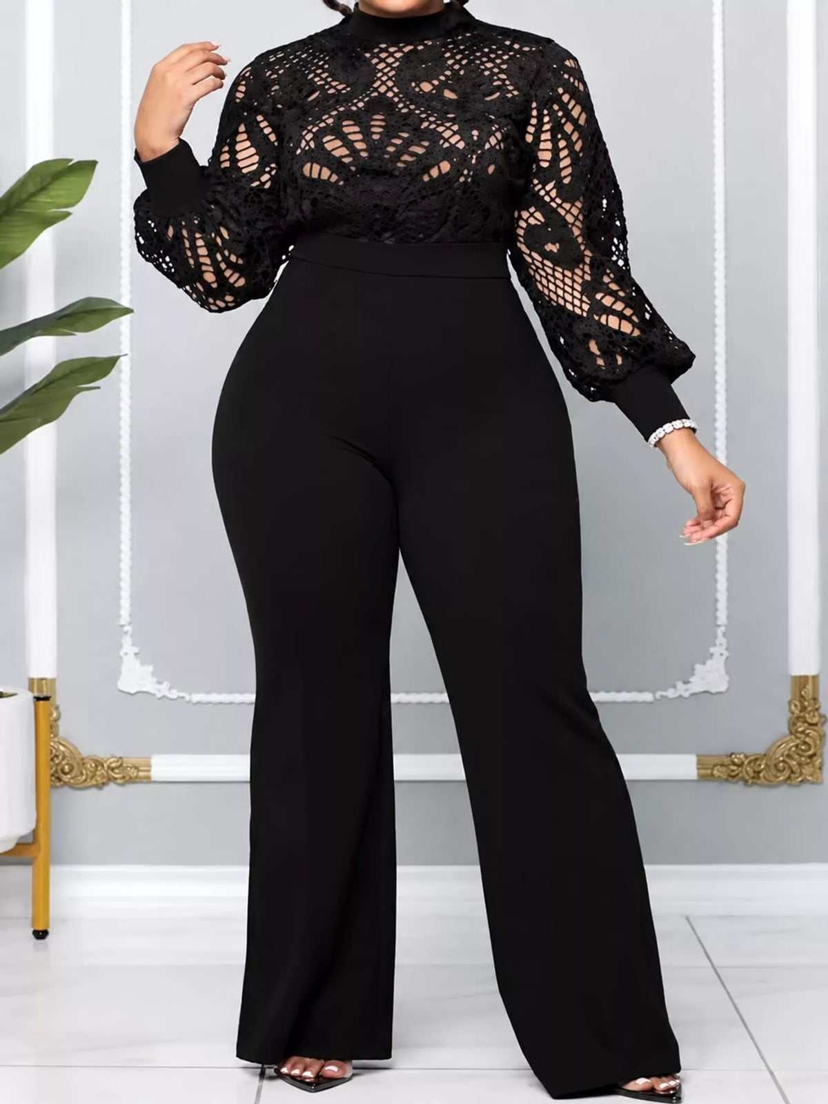 Full Size Lace Lantern Sleeve Flare Jumpsuit Plus Size