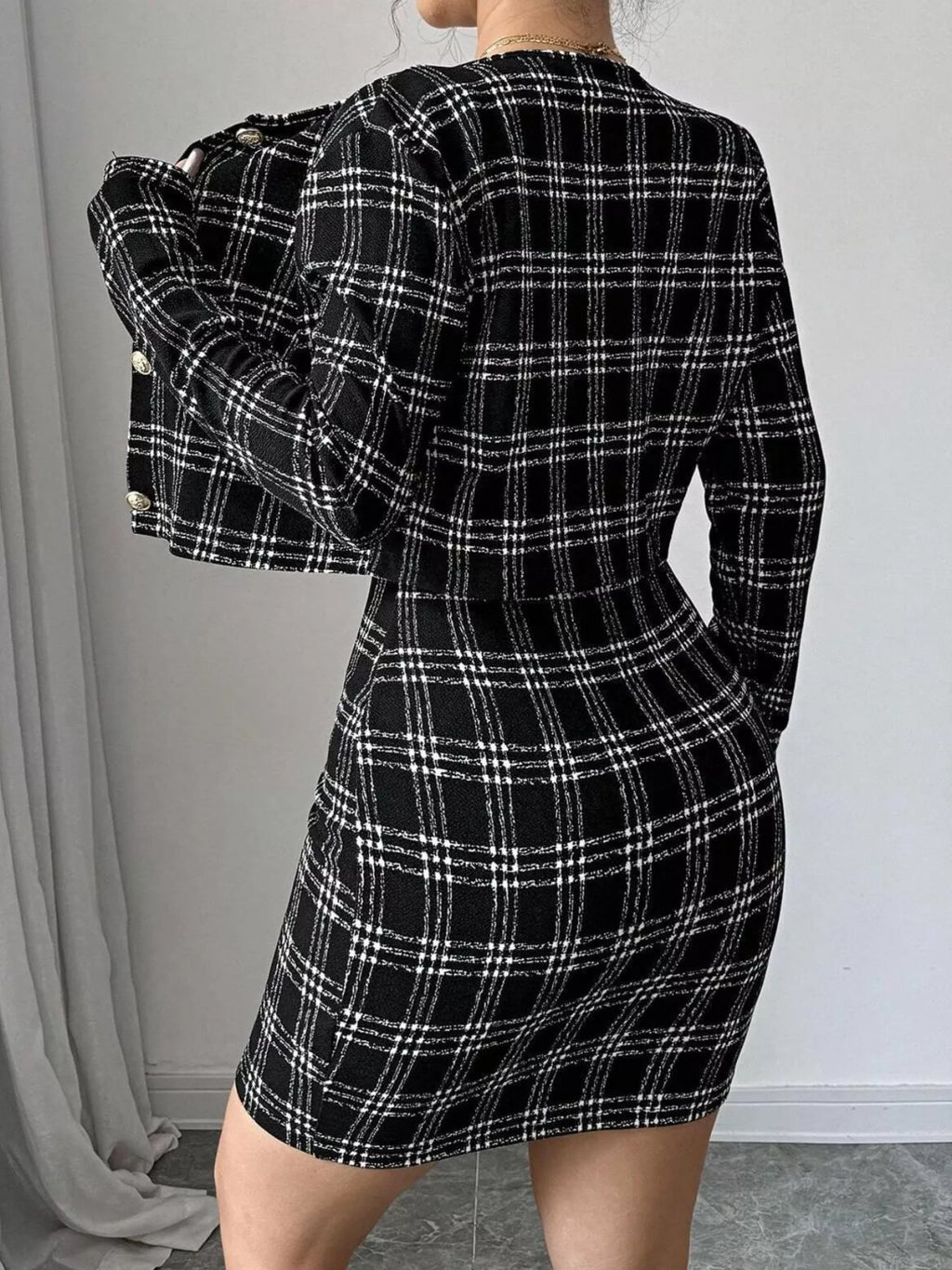Plaid Tweed Crop Outerwear and Bodycon Mini Dress Two-Piece Set