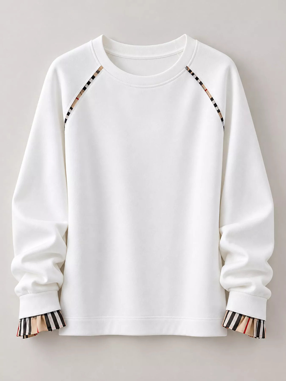 Plaid-Trimmed Crew Neck Sweatshirt