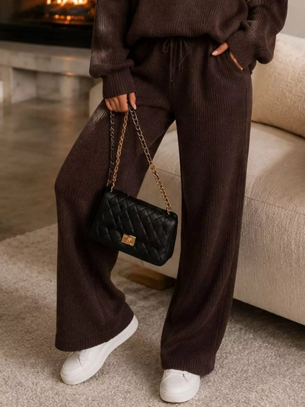 Ribbed Knit Quarter-Zip Top and Wide-Leg Pants Set