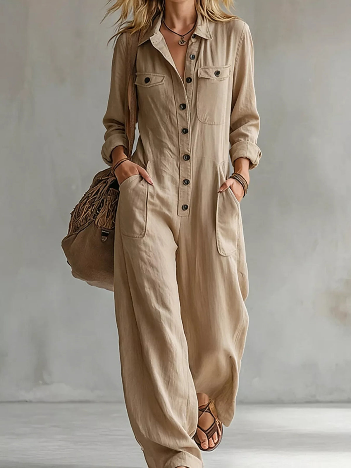Full Size Long Sleeve Button Front Jumpsuit Plus Size