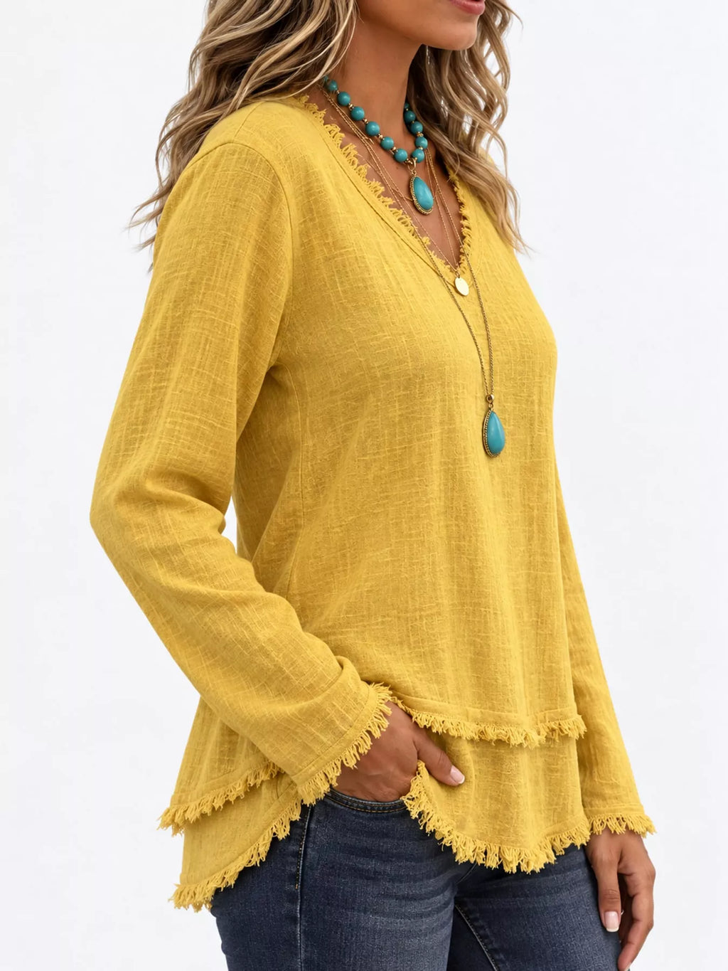 Full Size Frayed Hem V-Neck Long Sleeve Blouse Plus Size