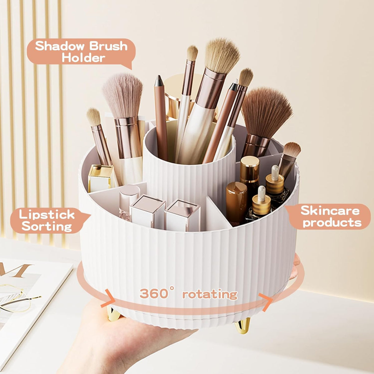 360 Rotating Makeup Brush Holder & Organizer  Countertop Storage For Cosmetics & Skincare 8 Colors