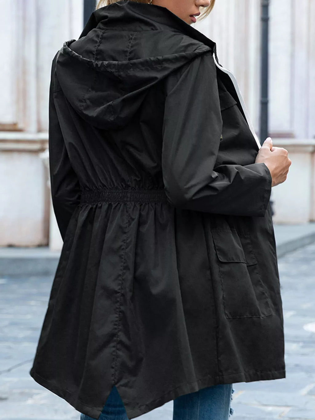 Zip Up Drawstring Waist Hooded Jacket