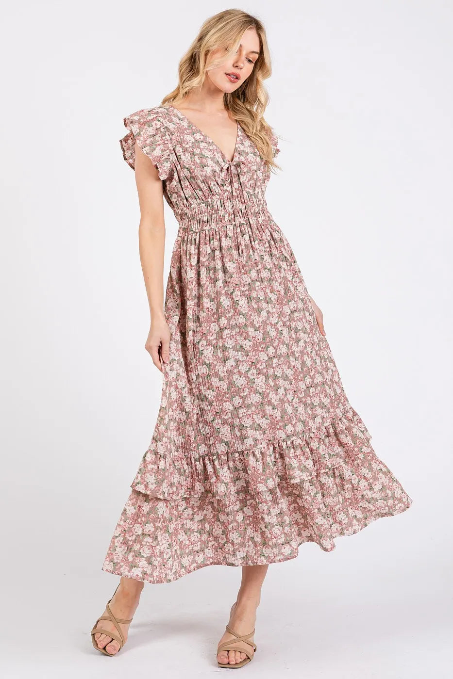Floral Print Ruffle Cap Sleeve V-Neck Midi Dress