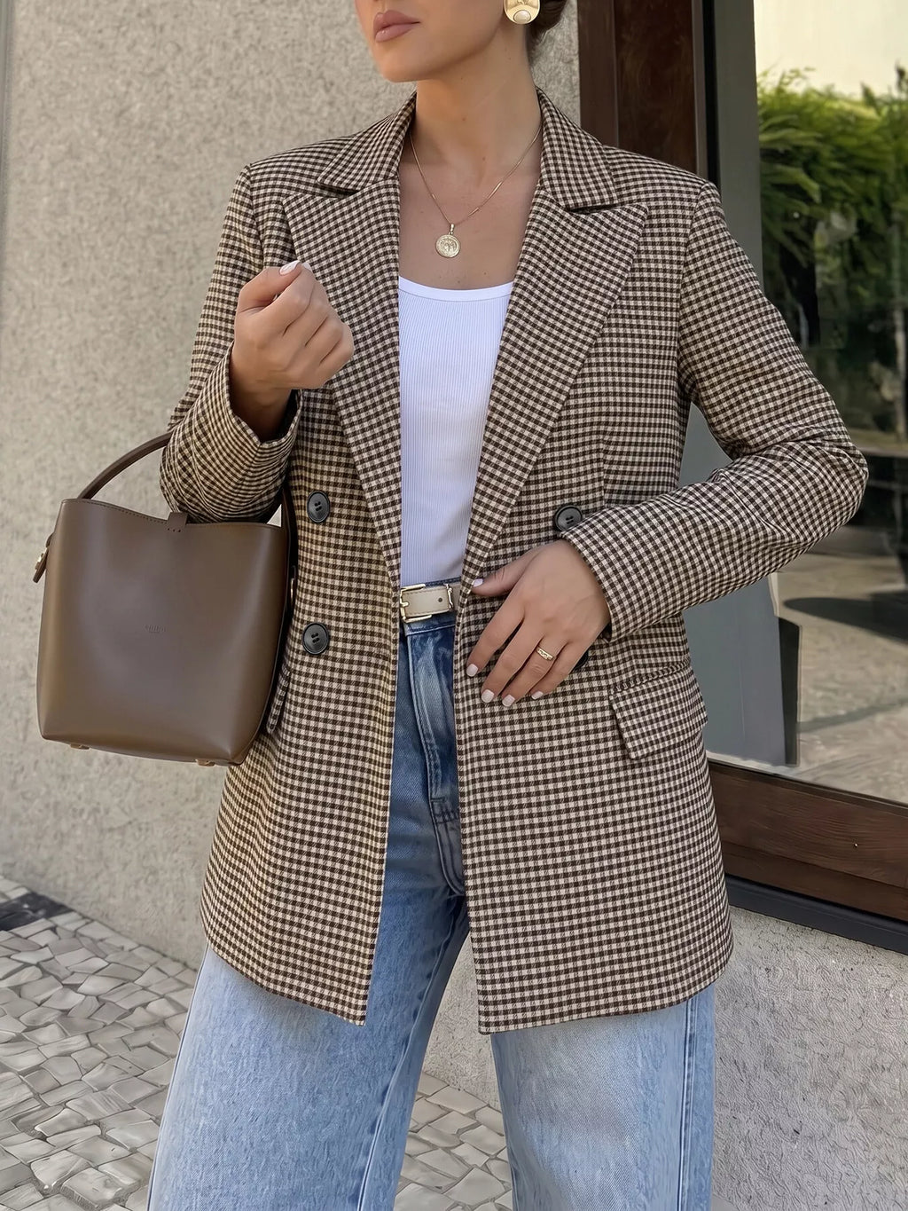 Plaid Lapel Collar Double-Breasted Blazer