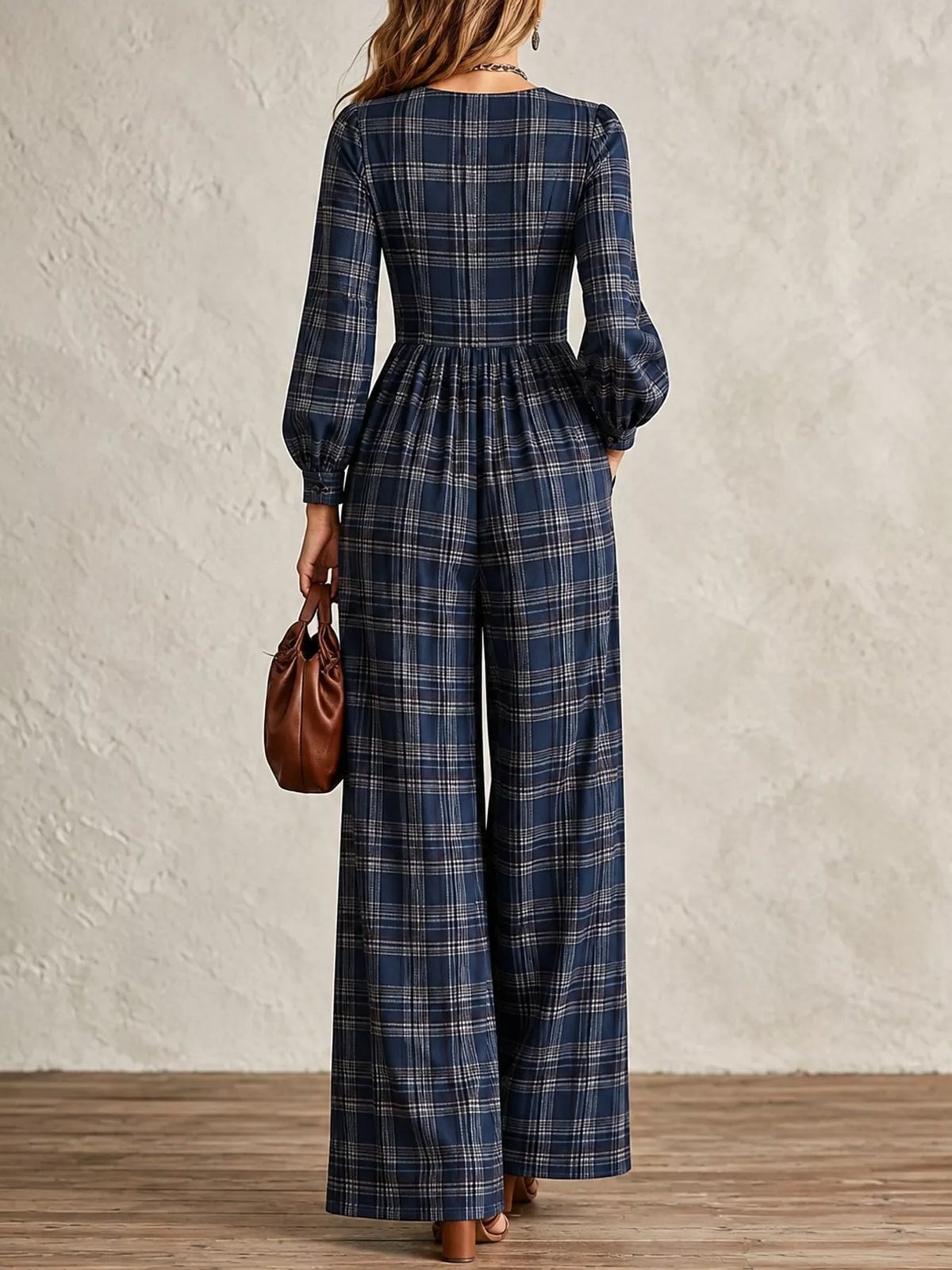 Plaid Square Neck Long Sleeve Wide-Leg Jumpsuit